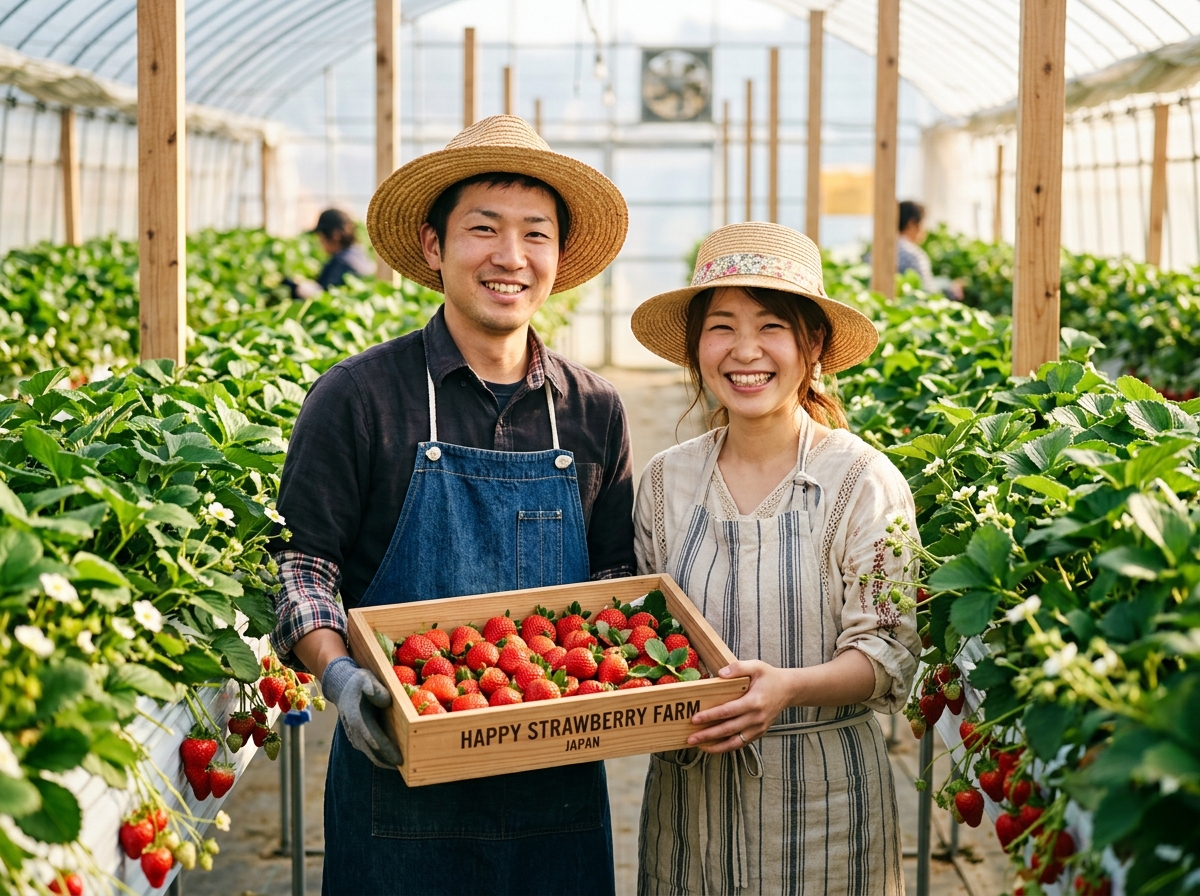笑顔でいちごを収穫する星野夫妻